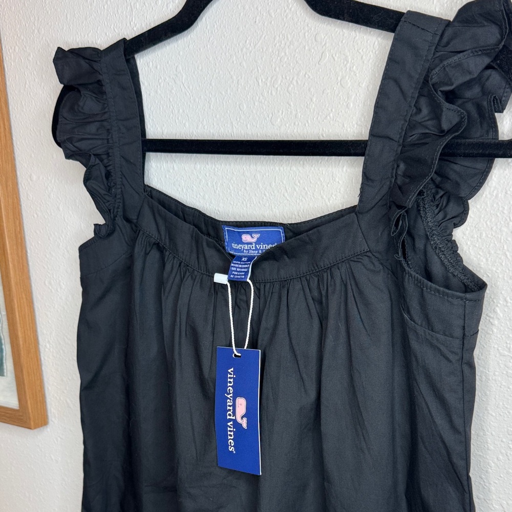 Vineyard Vines Black Cotton Dress XS NWT Ruffle Strap Tassel Hem - Picture 4 of 11
